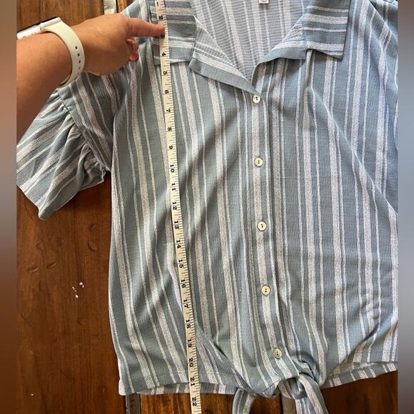 Luxology Blue and White Striped Blouse with tie and Flutter Sleeves | Size S - Picture 5 of 6